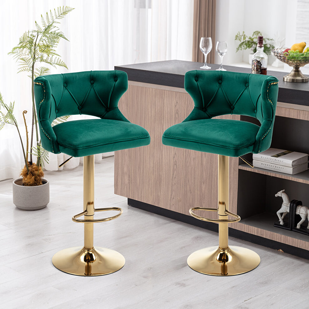 Green velvet back and golden footrest counter height dining chairs, 2pcs set by La Spezia