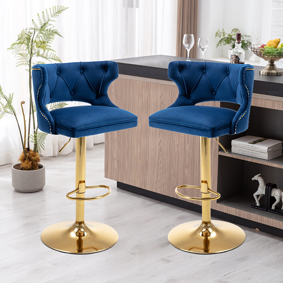 Blue velvet back and golden footrest counter height dining chairs, 2pcs set by La Spezia