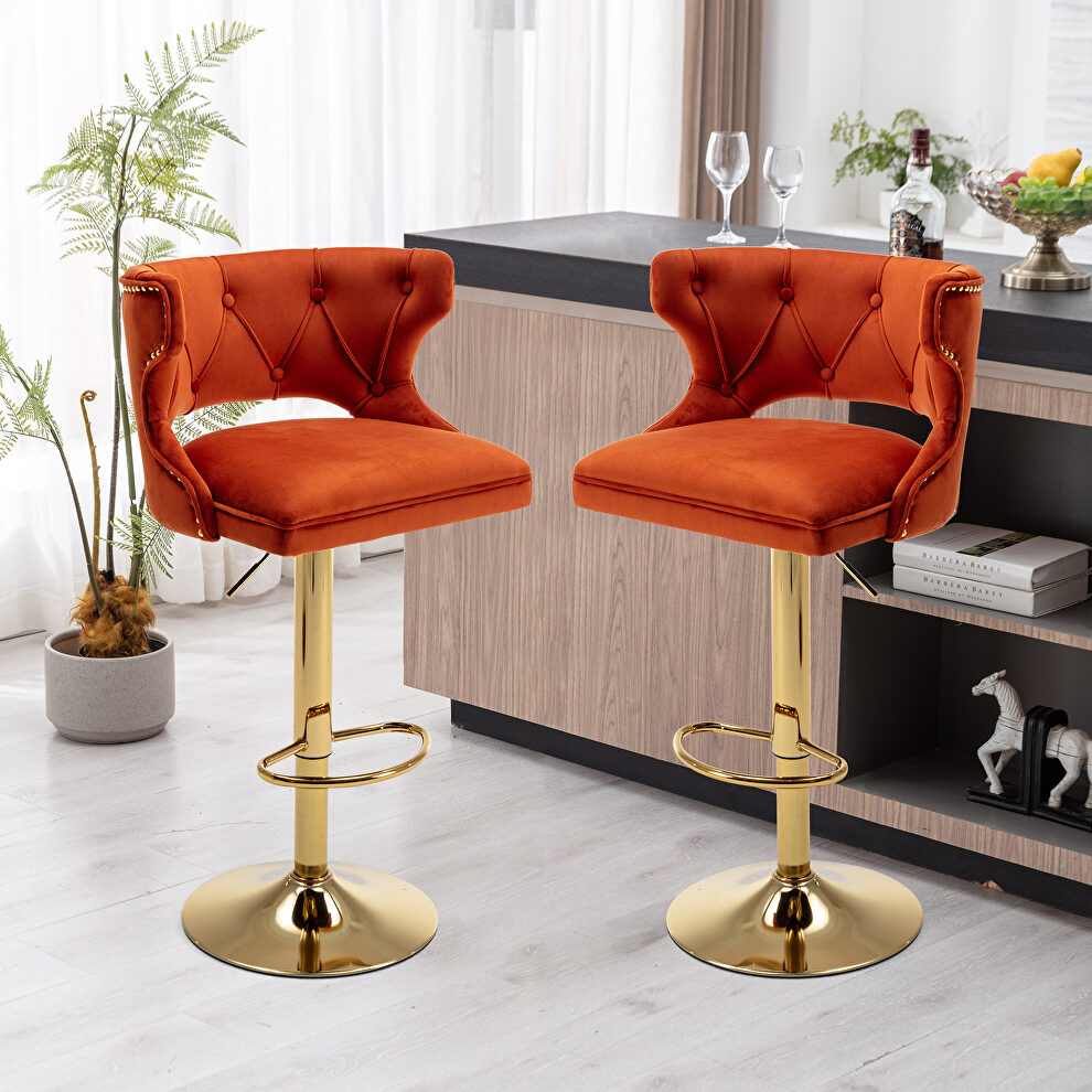 Orange velvet back and golden footrest counter height dining chairs, 2pcs set by La Spezia