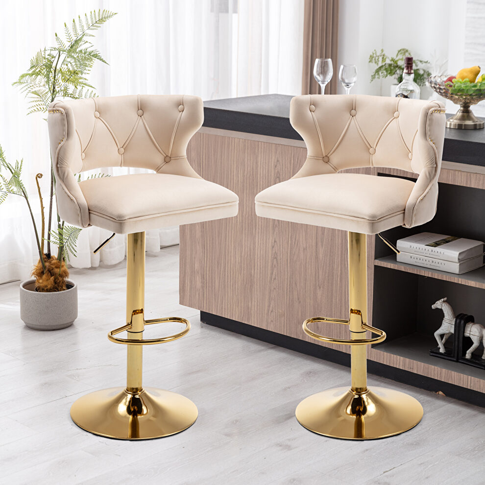 Beige velvet back and golden footrest counter height dining chairs, 2pcs set by La Spezia
