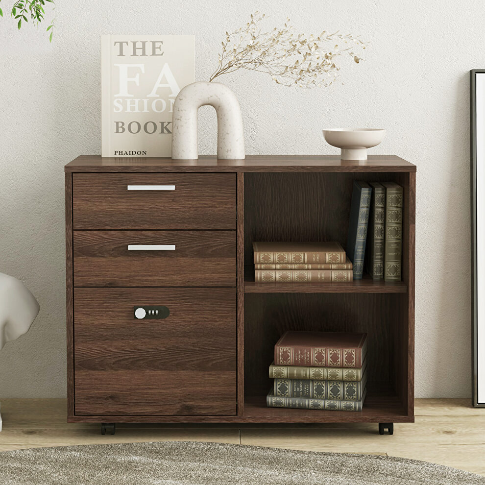 Drawer wood file cabinet with coded lock in brown oak by La Spezia
