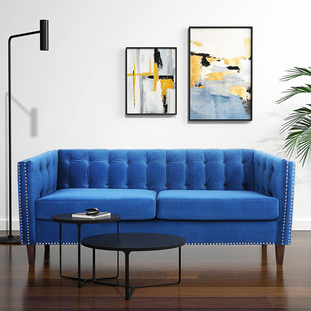 Luxury blue velvet fabric three seater sofa by La Spezia