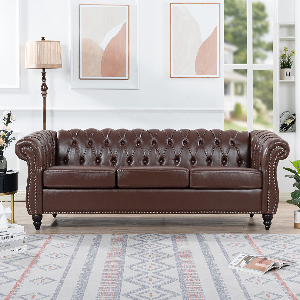 Dark brown pu uphostery rolled arm chesterfield three seater sofa by La Spezia