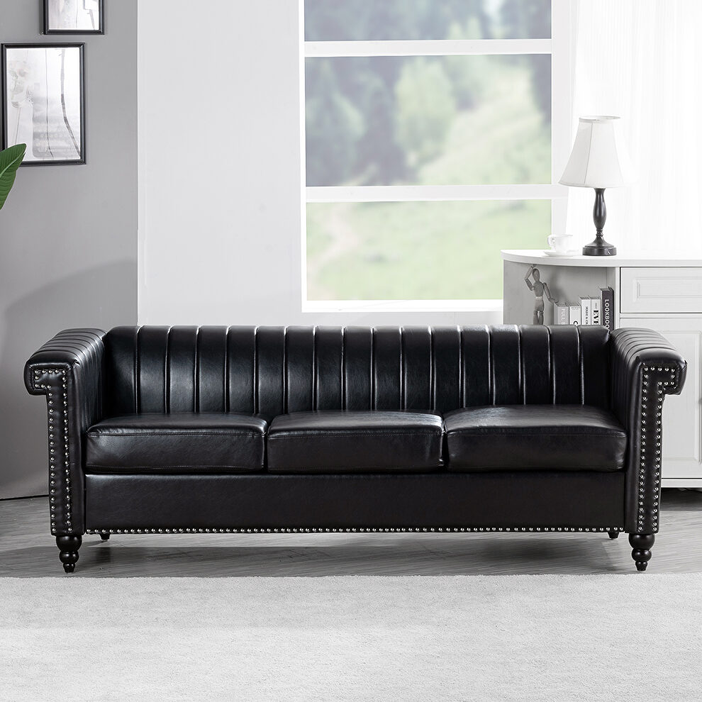 Black pu traditional square arm 3 seater sofa by La Spezia