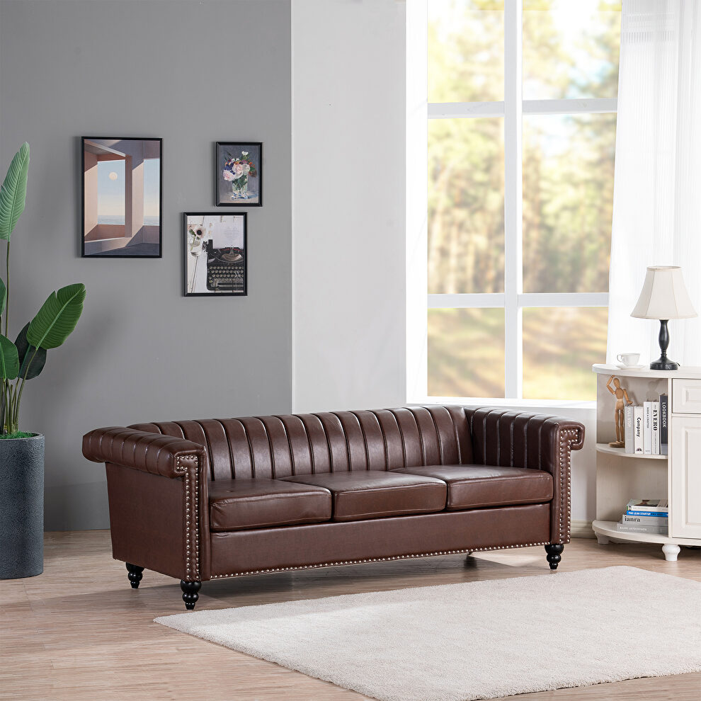 Dark brown pu traditional square arm 3 seater sofa by La Spezia