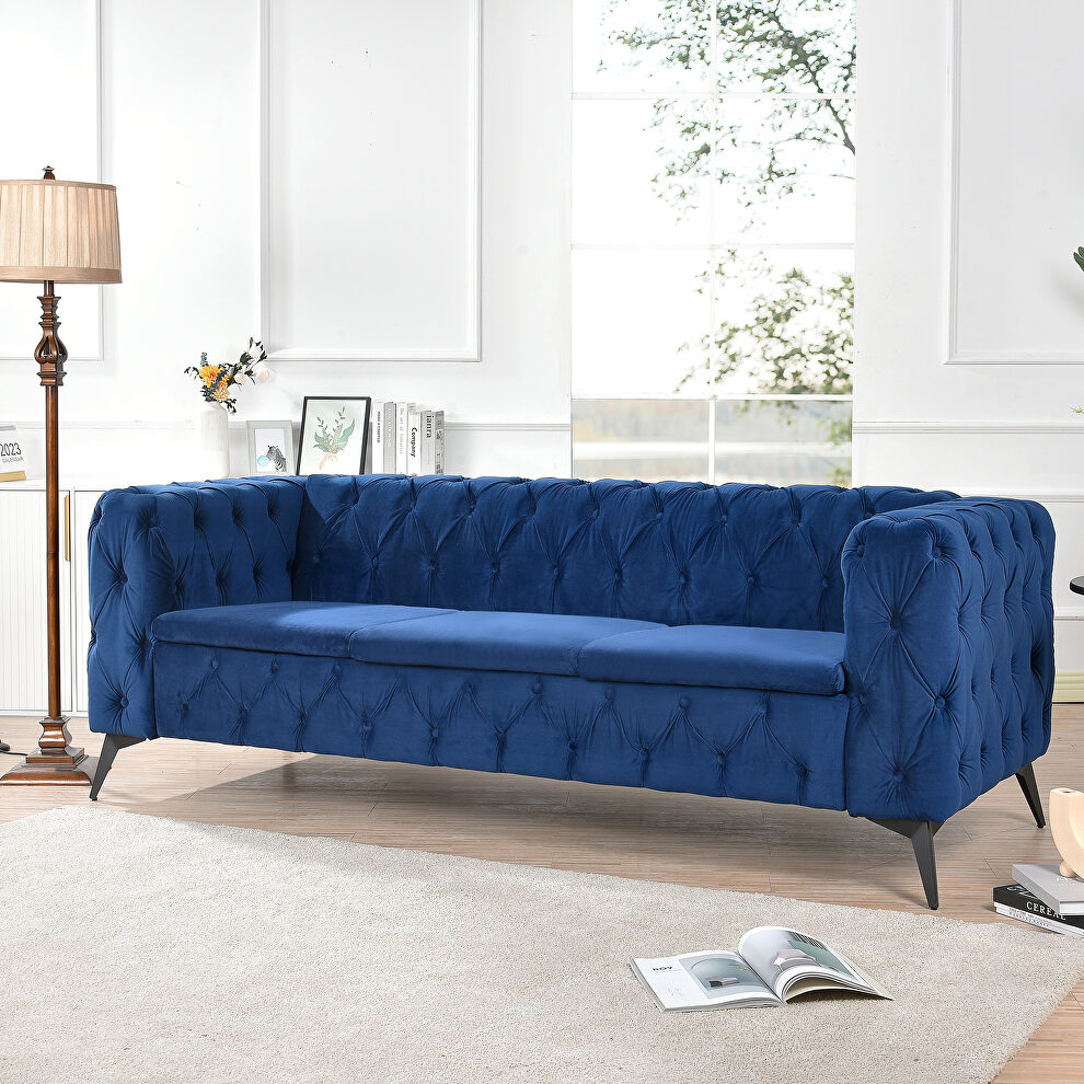 Peacock blue fabric traditional square arm removable cushion 3-seater sofa by La Spezia
