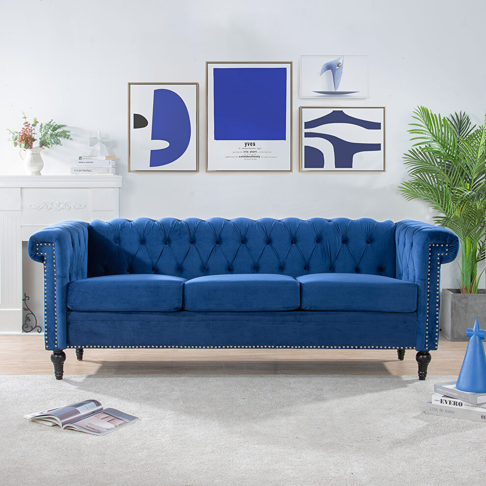 Blue fabric traditional square arm 3 seater sofa by La Spezia