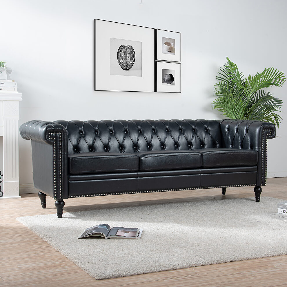 Black pu leather traditional square arm 3-seater sofa by La Spezia