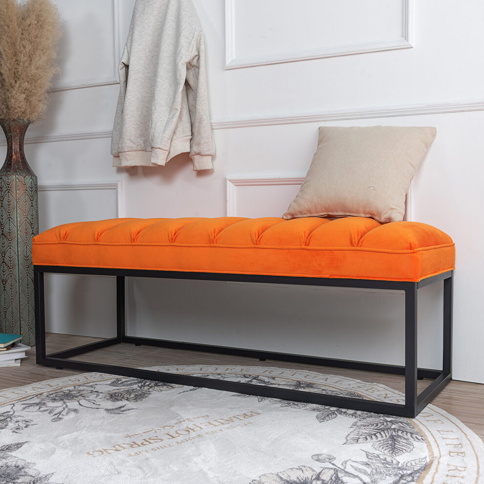 Orange fabric upholstered bench with metal base by La Spezia