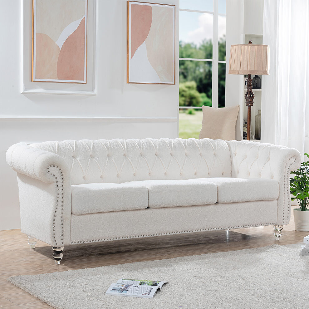 White fabric uphostery rolled arm chesterfield 3 seater sofa by La Spezia