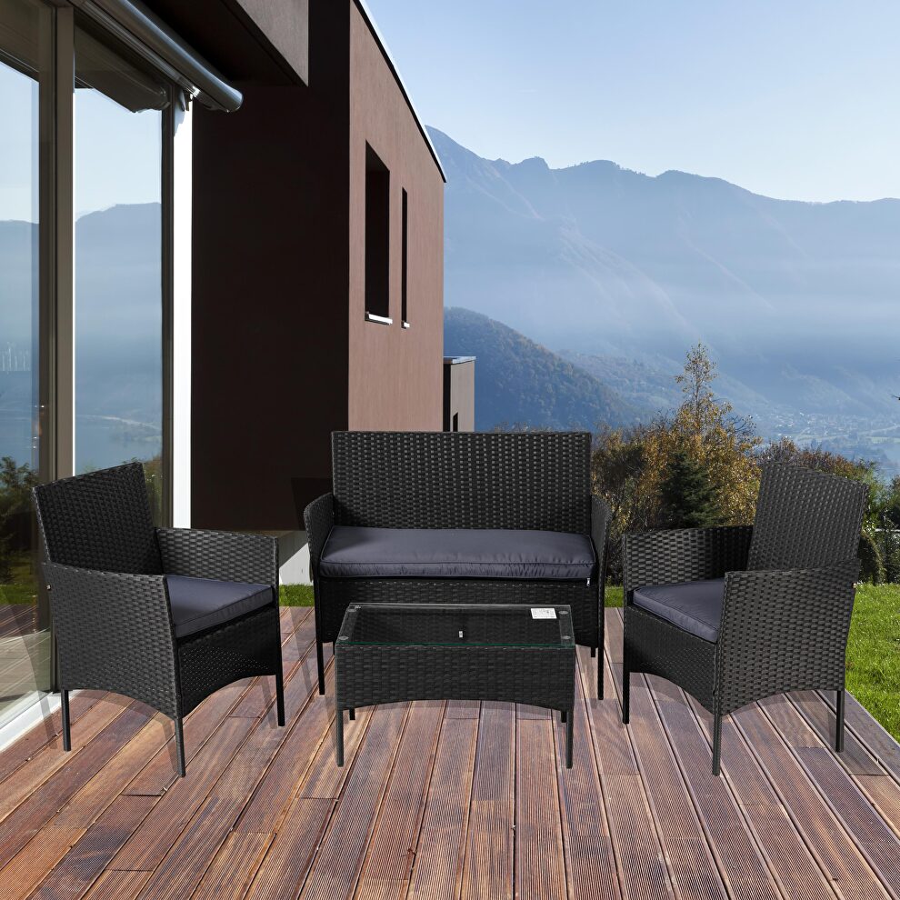 Outdoor garden sets patio furniture 4-piece black pe rattan wicker gray cushioned sofa conversation sets with coffee table by La Spezia
