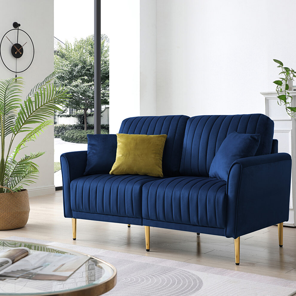 Blue velvet handcrafted channel tufting loveseat with metal legs by La Spezia