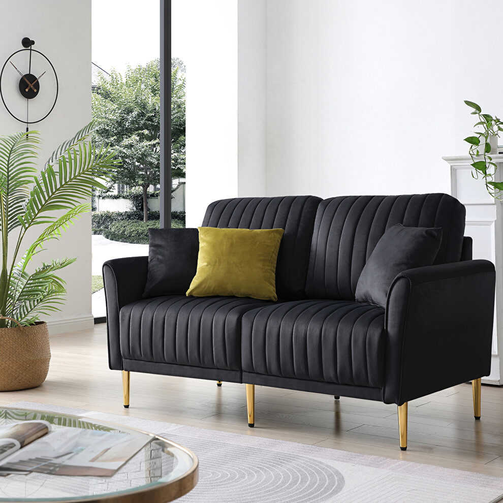 Black velvet handcrafted channel tufting loveseat with metal legs by La Spezia