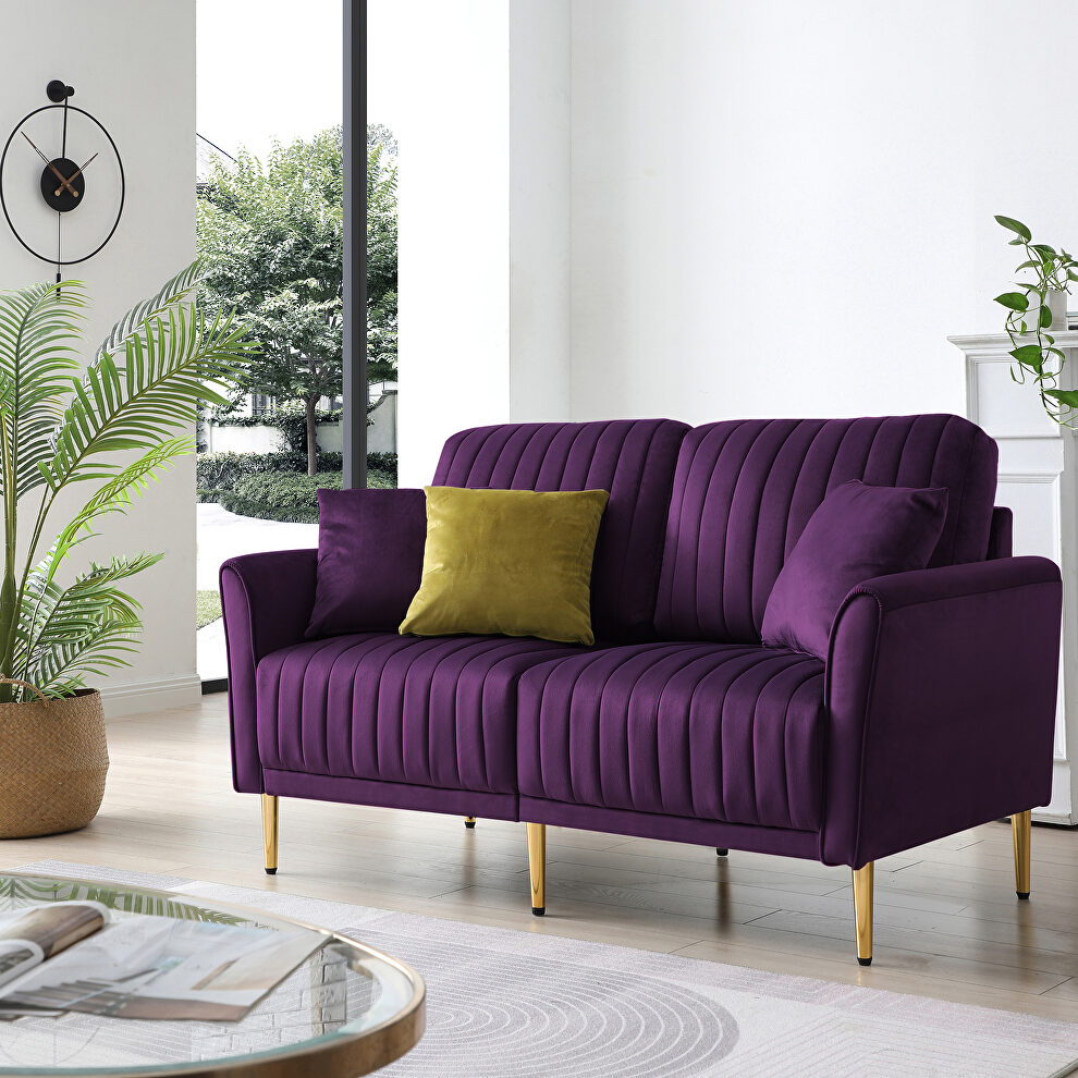 Purple velvet handcrafted channel tufting loveseat with metal legs by La Spezia