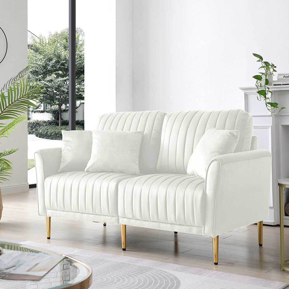 Cream white velvet handcrafted channel tufting loveseat with metal legs by La Spezia