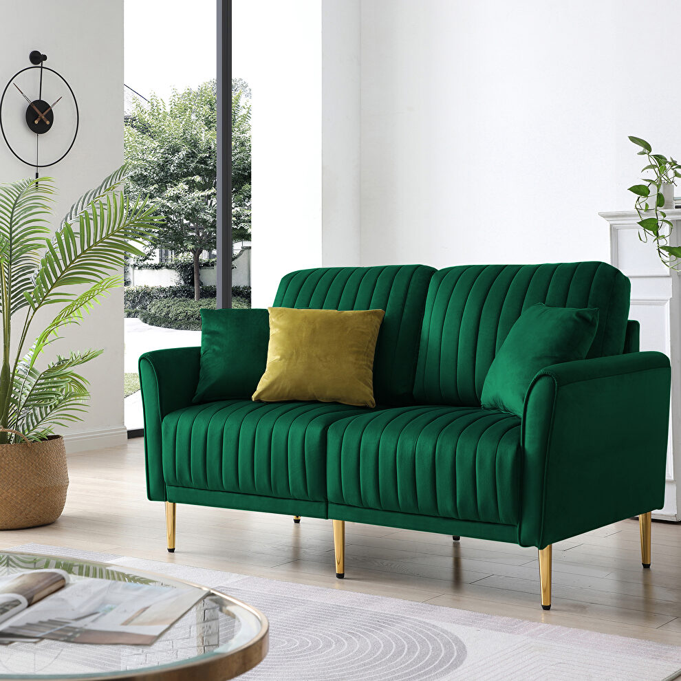 Green white velvet handcrafted channel tufting loveseat with metal legs by La Spezia