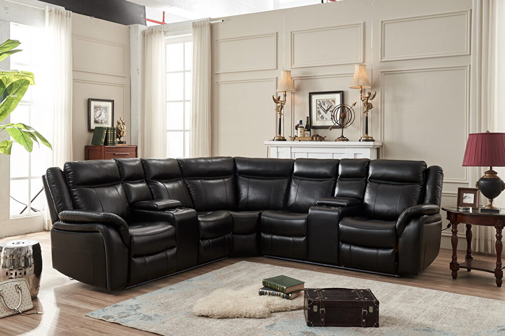 Black technical leather power reclining sectional w/led strip by La Spezia