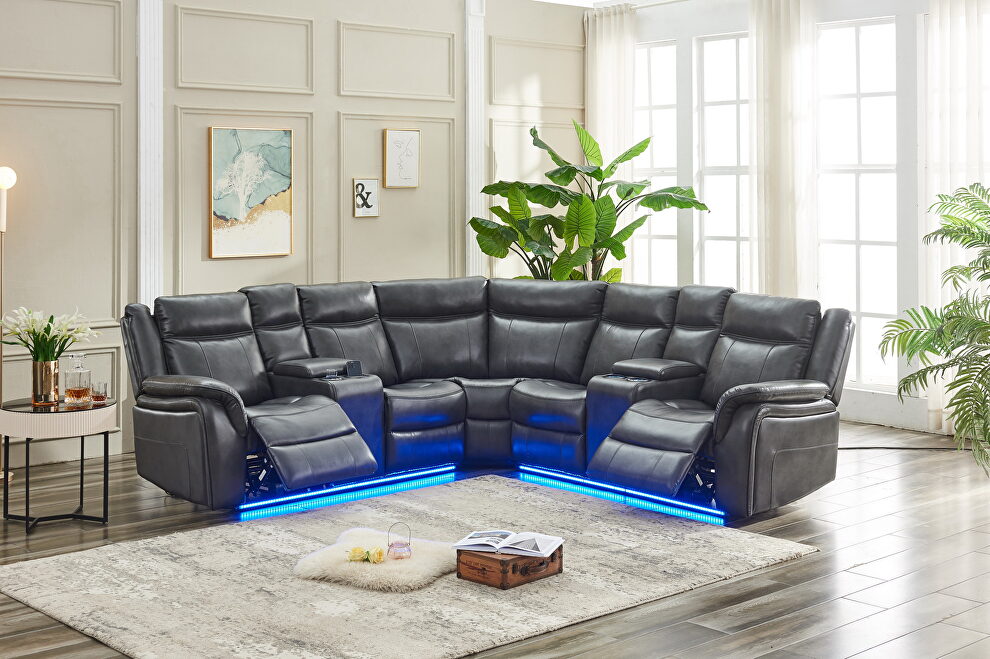 Gray faux leather power reclining sectional w/led strip by La Spezia