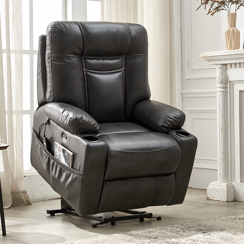 Gray leather gel electric power lift recliner chair with massage and heat by La Spezia