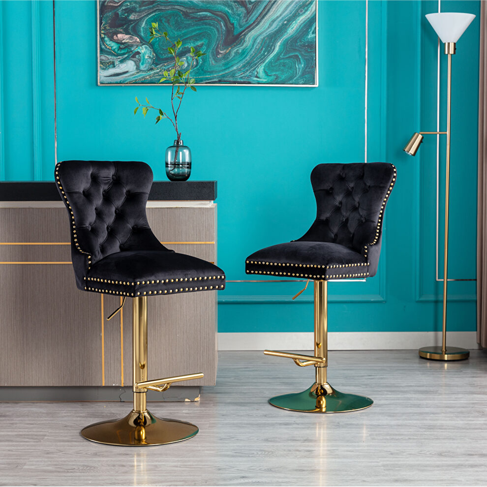 Black velvet upholstered bar stool with tufted high back and chrome golden base set of 2 by La Spezia