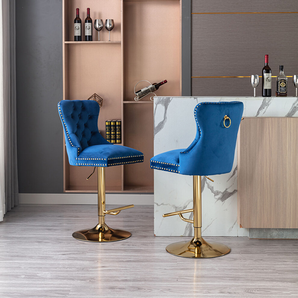 Blue velvet upholstered bar stool with tufted high back and chrome golden base set of 2 by La Spezia