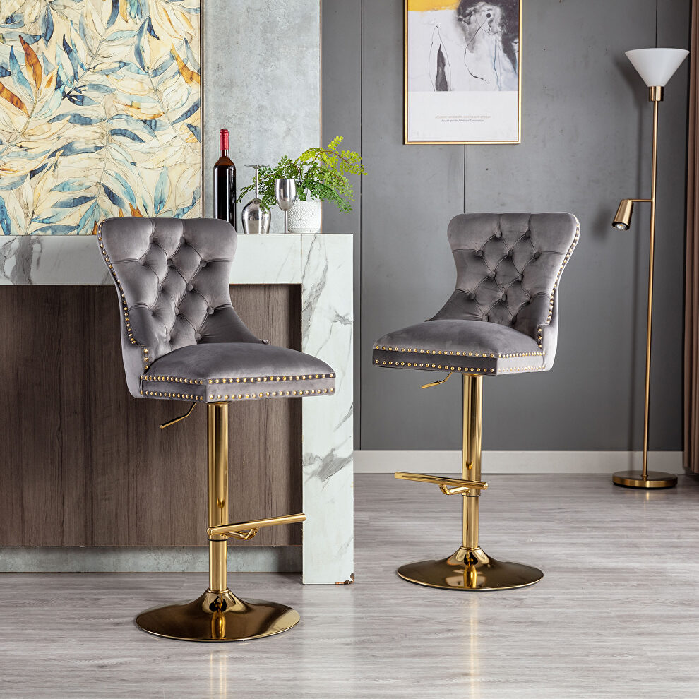 Gray velvet upholstered bar stool with tufted high back and chrome golden base set of 2 by La Spezia
