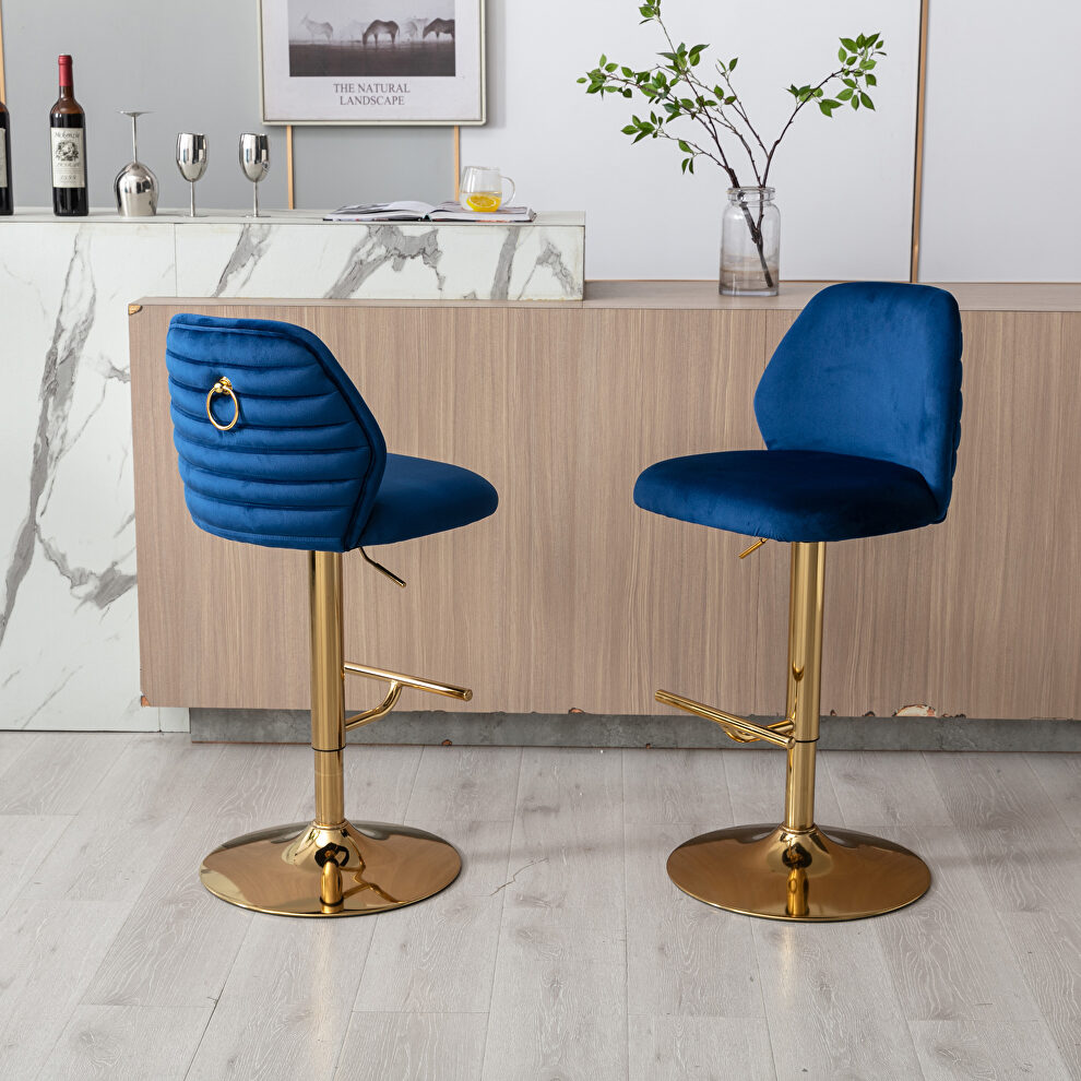 Blue velvet adjustable counter height swivel bar stools chair set of 2 by La Spezia