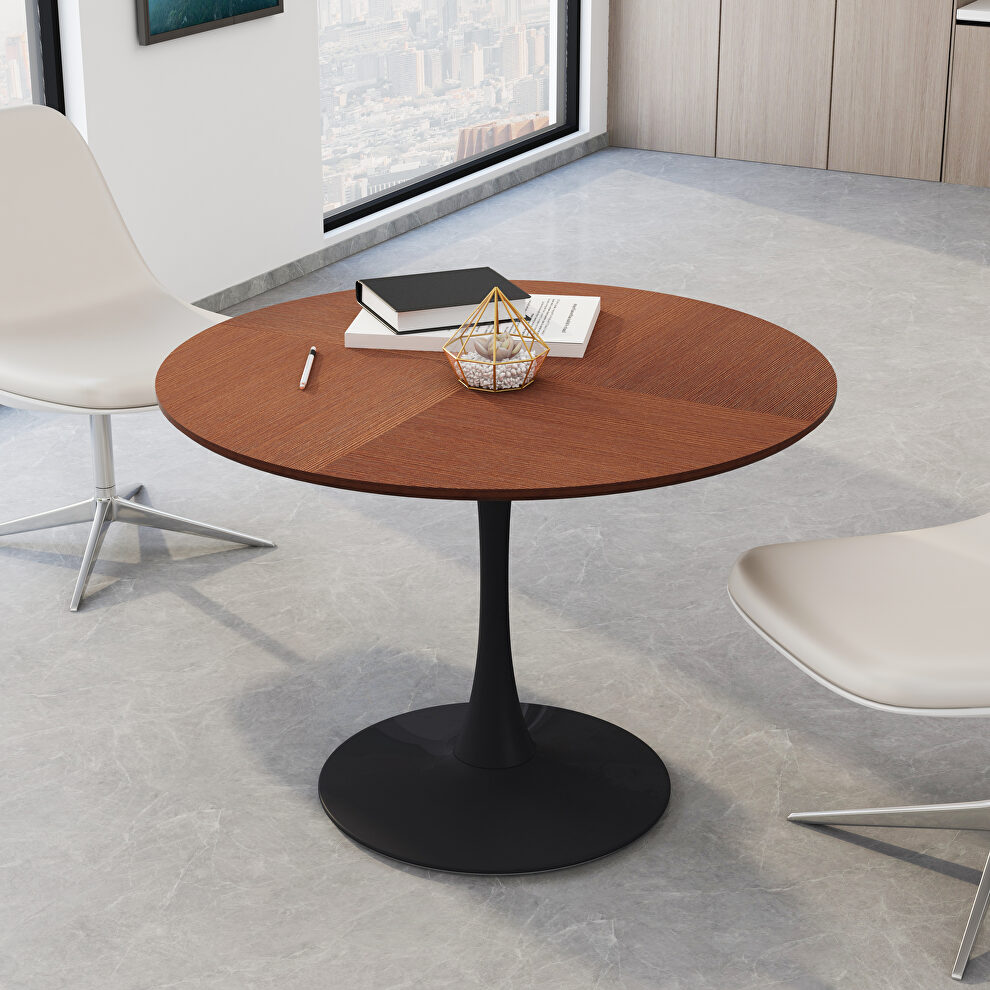 Oak finish round wood top modern dining table with metal base by La Spezia