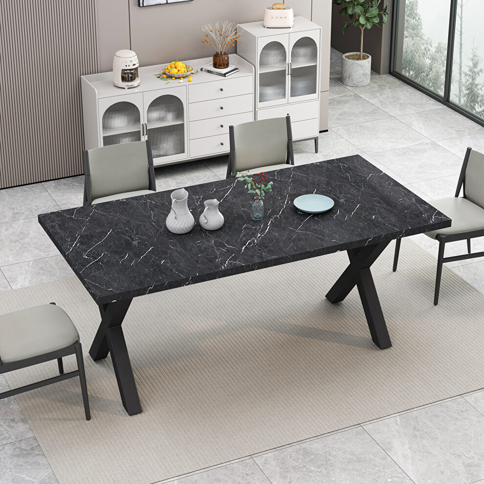 Modern square dining table with printed black marble top and x-shape legs by La Spezia