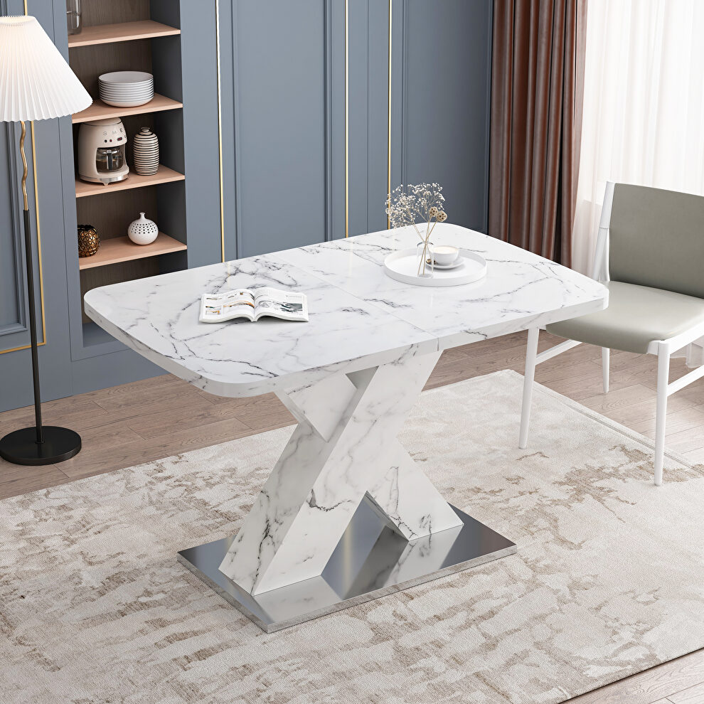 Modern square white marble top dining table with x-shape legs by La Spezia