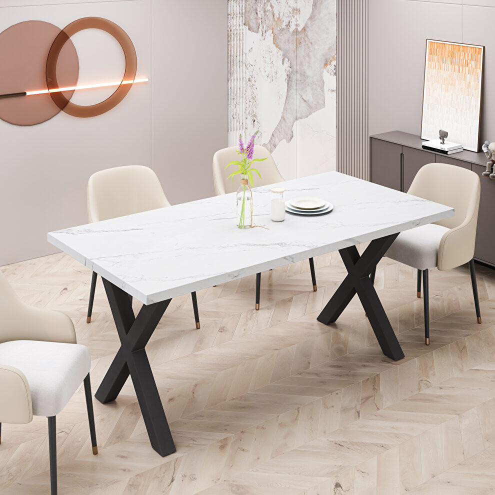 Modern square dining table with printed white marble top and black x-shape legs by La Spezia