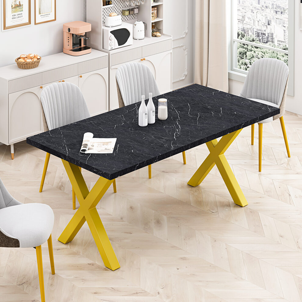 Modern square dining table with printed black marble top and gold x-shape legs by La Spezia