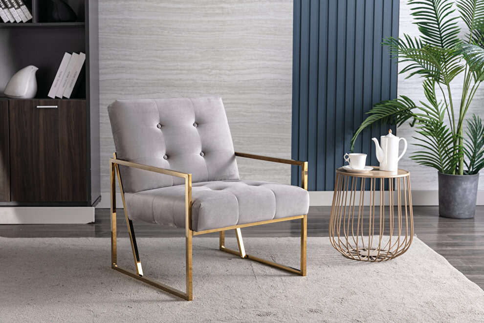 Wide ravia gray velvet tufted upholstered golden metal frame accent armchair by La Spezia