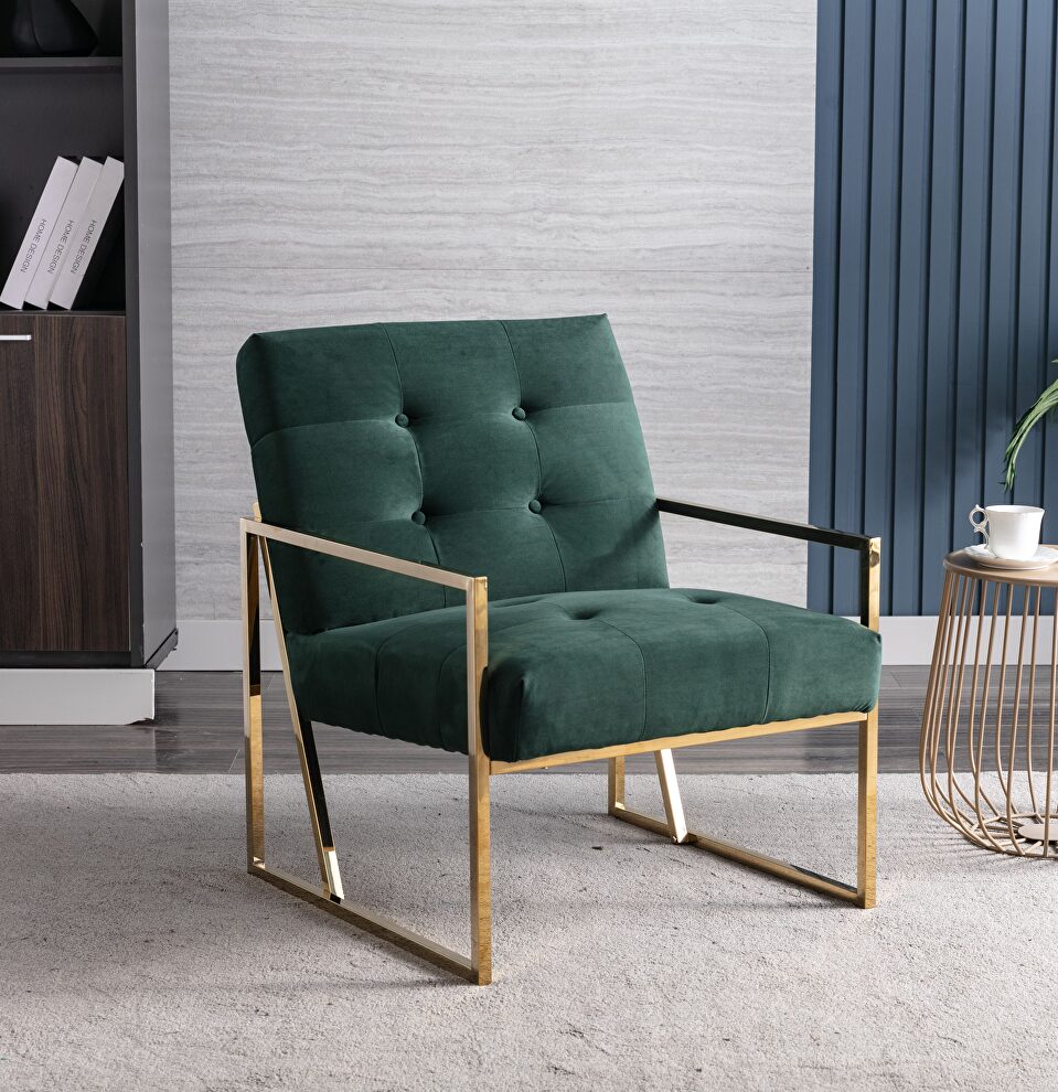 Wide ravia green velvet tufted upholstered golden metal frame accent armchair by La Spezia