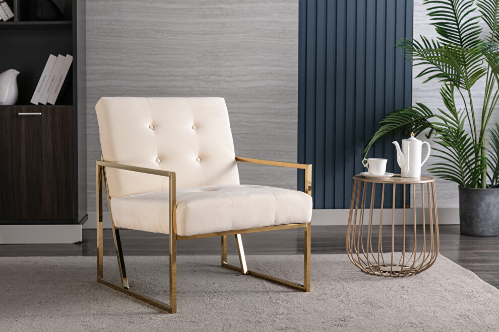 Wide ravia beige velvet tufted upholstered golden metal frame accent armchair by La Spezia