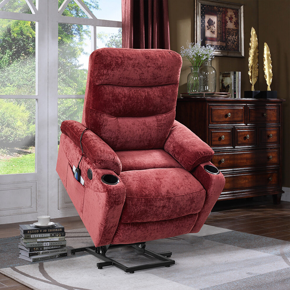 Red fabric electric power lift recliner chair with massage and usb charge ports by La Spezia