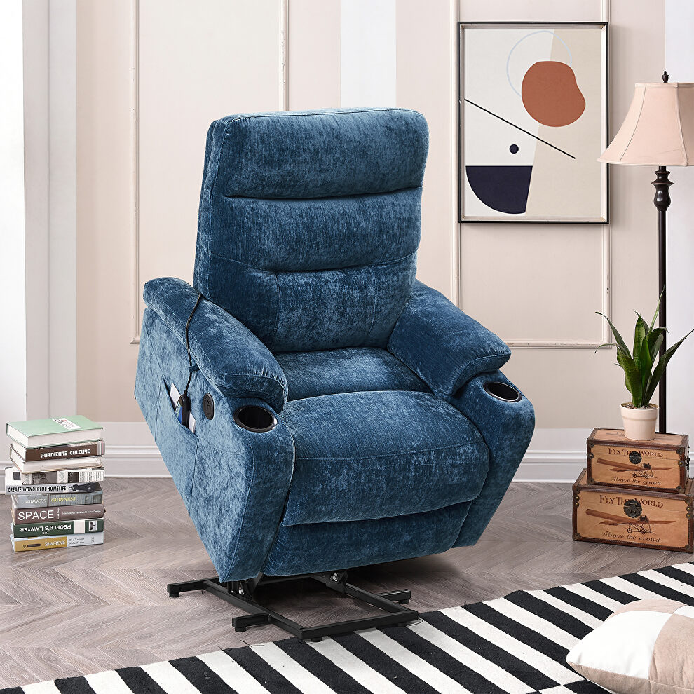Blue fabric electric power lift recliner chair with massage and usb charge ports by La Spezia