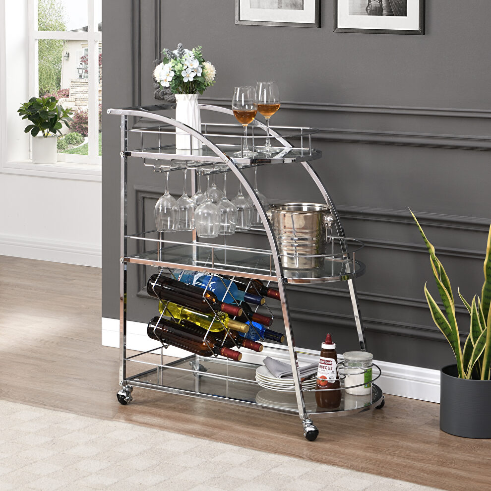 Metal frame and glass elegant bar cart with wine storage in silver by La Spezia
