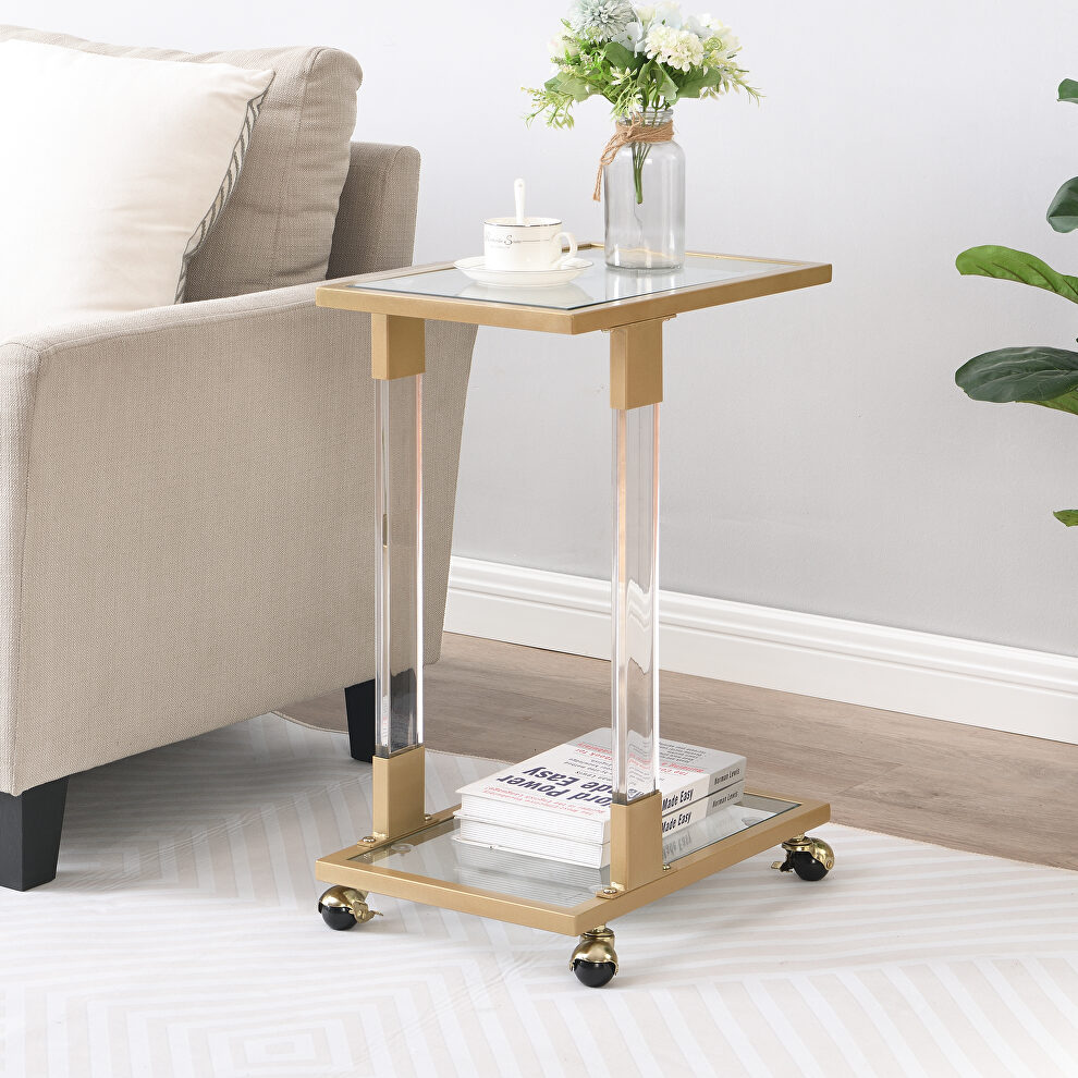 Golden side table acrylic sofa table glass top c shape square table with metal base for living room bedroom balcony home and office by La Spezia