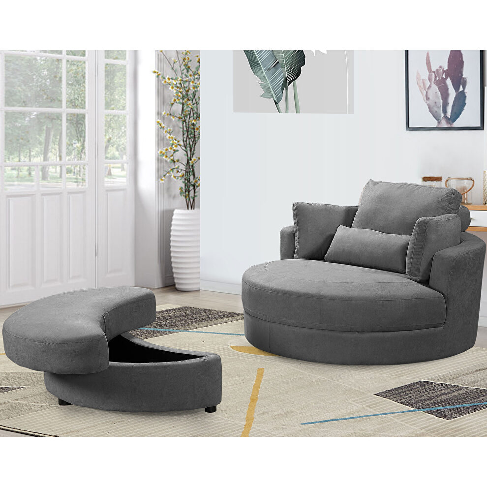 Swivel accent barrel modern dark gray sofa lounge club big round chair with storage ottoman by La Spezia