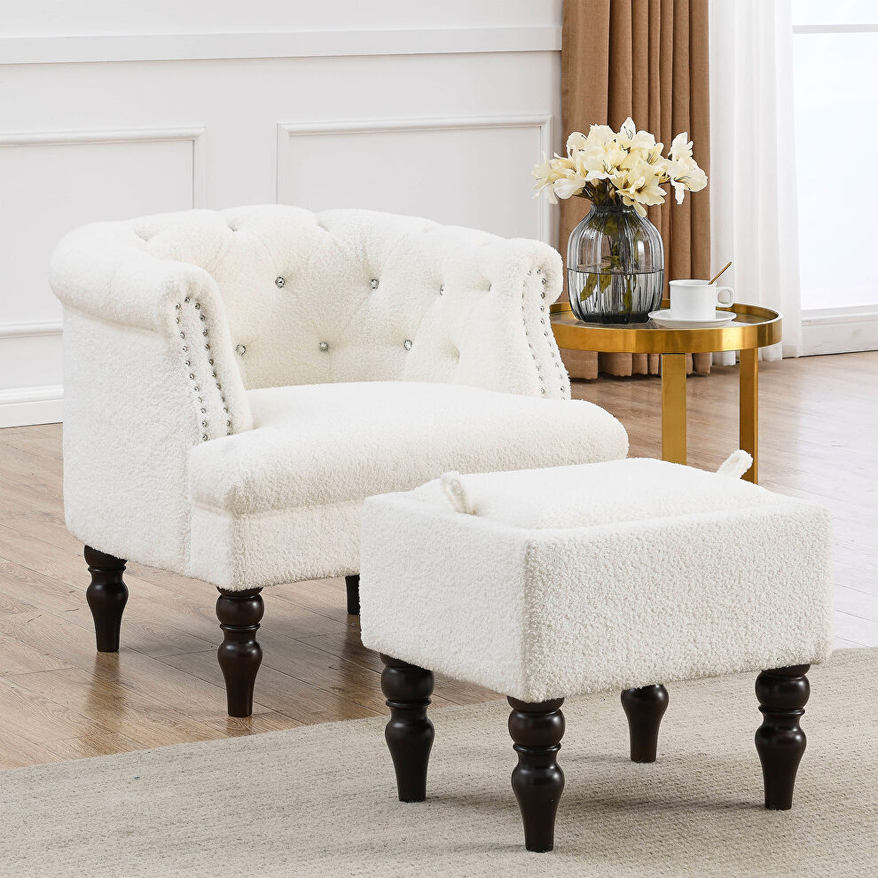 White teddy fabric deep buttons tufted chesterfield accent chair with ottoman by La Spezia