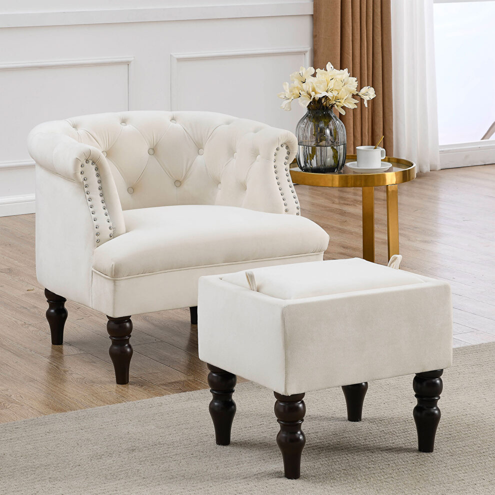 Beige velvet deep buttons tufted chesterfield accent chair with ottoman by La Spezia