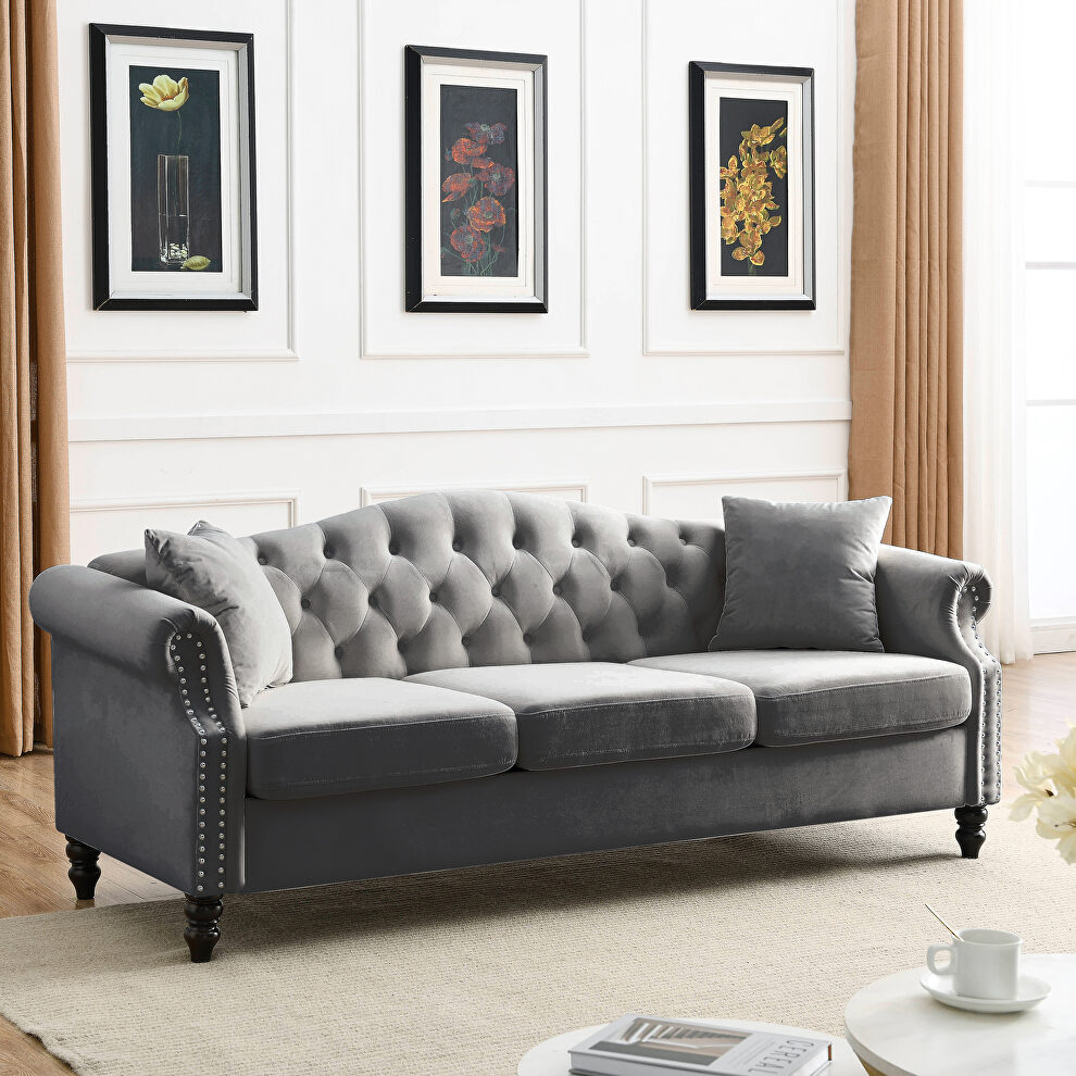 Gray velvet fabric tufted chesterfield sofa with rolled arms and nailhead by La Spezia