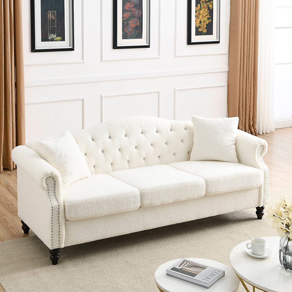 White teddy fabric tufted chesterfield sofa with rolled arms and nailhead by La Spezia