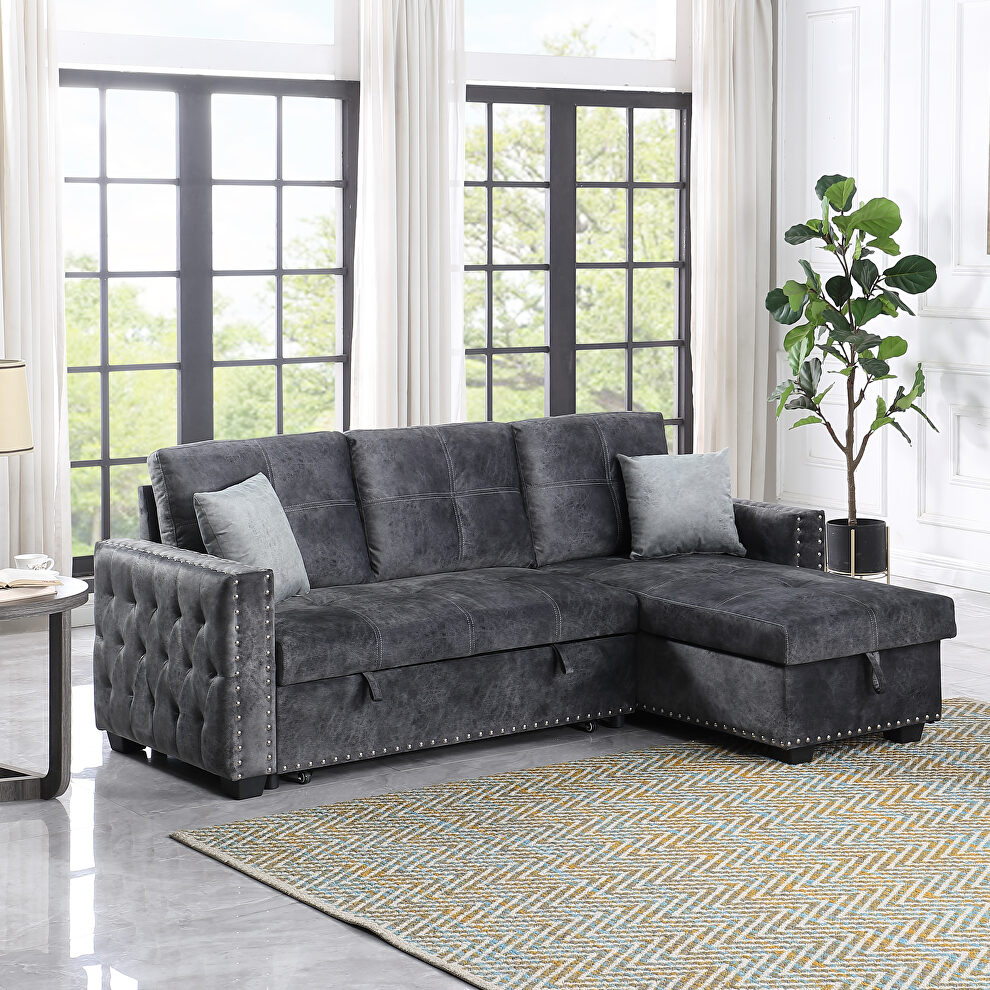 Dark gray velvet reversible sleeper sectional nailheaded sofa with storage by La Spezia