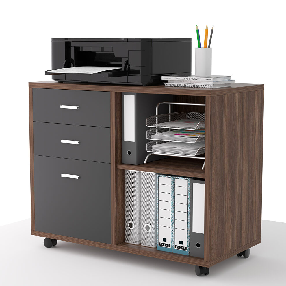 3 drawer mobile lateral filing cabinet in walnut and dark gray by La Spezia