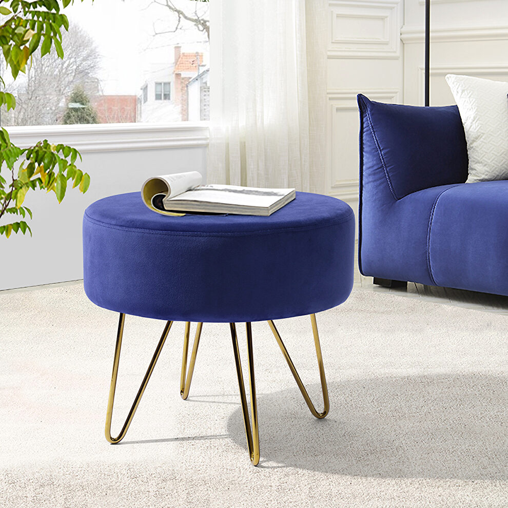 Dark blue and gold decorative round shaped ottoman with metal legs by La Spezia