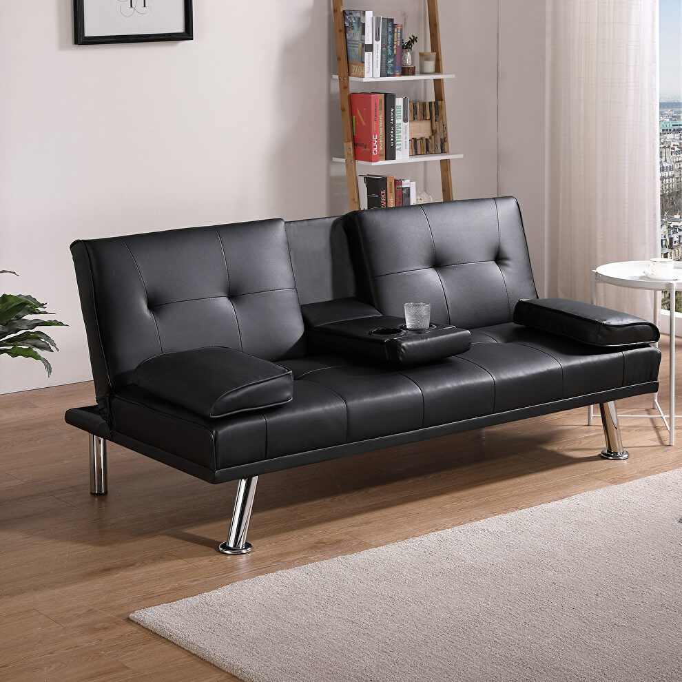 Black leather multifunctional double folding sofa bed for office with coffee table by La Spezia