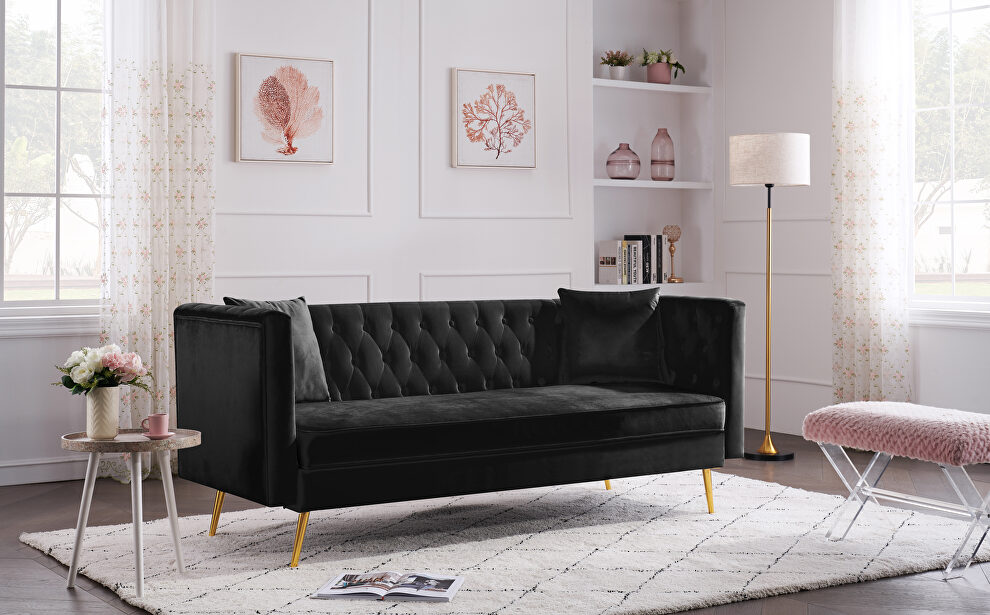 Black velvet modern flat armrest three seat sofa with two throw pillows by La Spezia