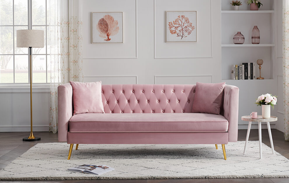 Pink velvet modern flat armrest three seat sofa with two throw pillows by La Spezia